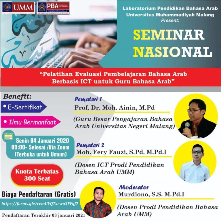 SEMINAR NASIONAL – PELATIHAN EVALUASI PEMBELAJARAN BAHASA ARAB BERBASIS ICT UNTUK GURU BAHASA ARAB